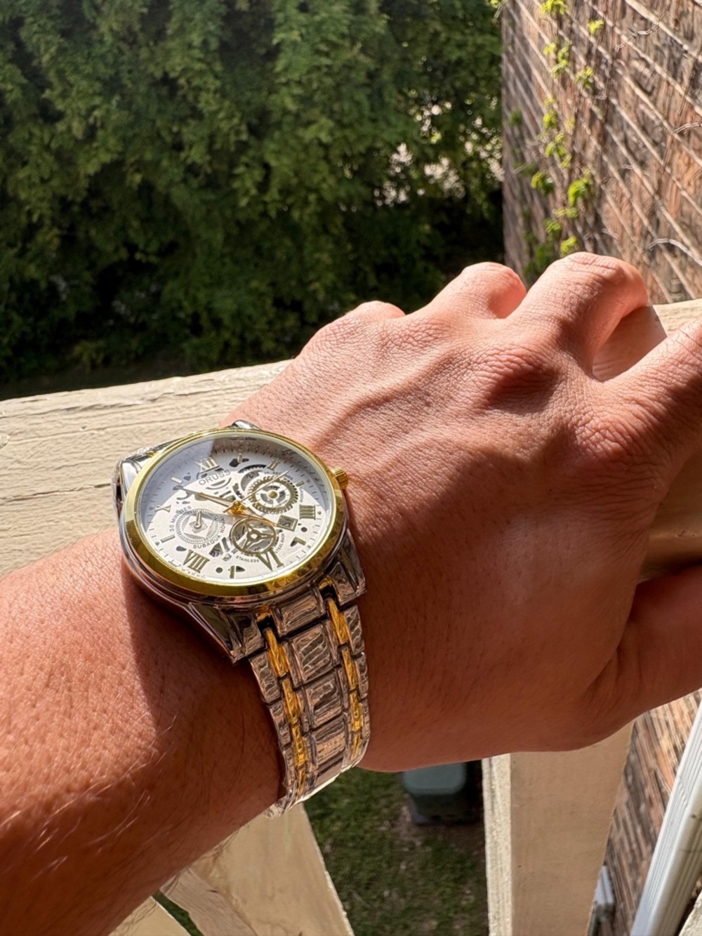 Two-Tone Skeleton Dial Men's Wristwatch - Silver & Gold Accent